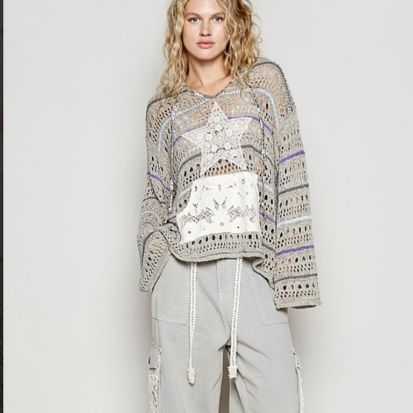 NWOT POL Boho Oversized Gray Purple Open Crochet Hoodie with Star Patch Pocket - Picture 6 of 7